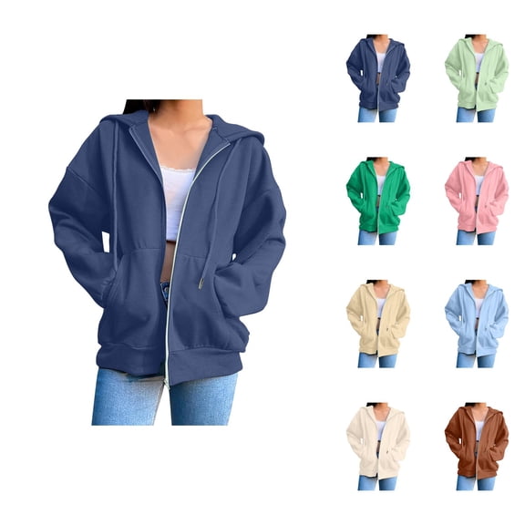 Plain Zip Up Hoodie for Women Fall Winter Long Sleeve Basic Hooded Sweatshirt Jacket with Pockets Coat Outerwear