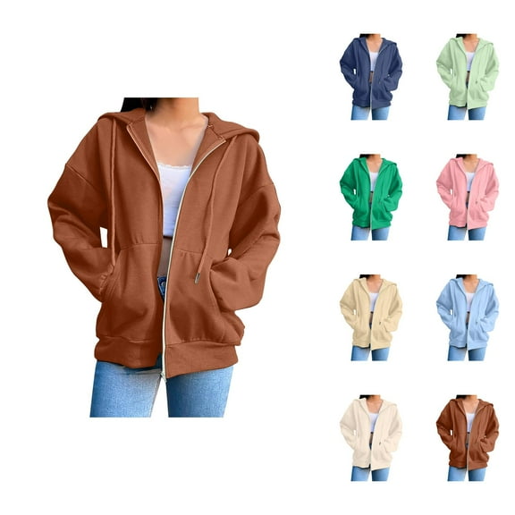 Plain Zip Up Hoodie for Women Fall Winter Long Sleeve Basic Hooded Sweatshirt Jacket with Pockets Coat Outerwear
