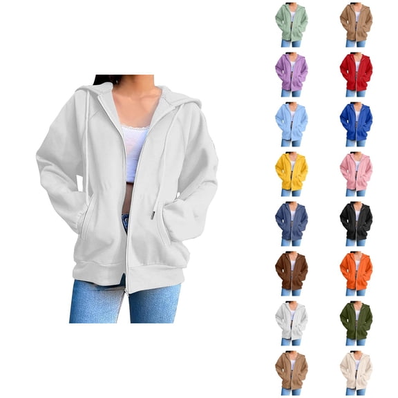 Plain Zip Up Hoodie for Women with Pockets Long Sleeve Basic Cardigan Hooded Sweatshirt Cardigan Outerwear