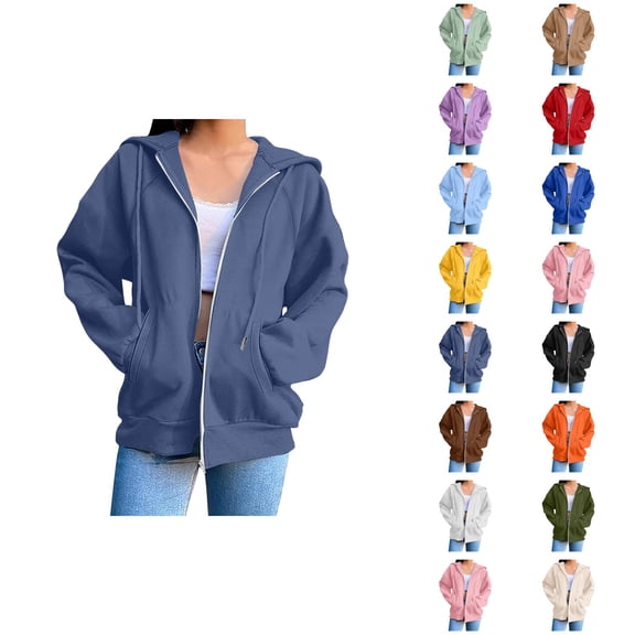 Plain Zip Up Hoodie for Women with Pockets Long Sleeve Basic Cardigan Hooded Sweatshirt Cardigan Outerwear
