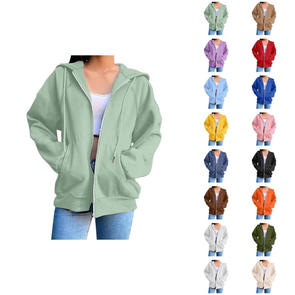 Plain Zip Up Hoodie for Women with Pockets Long Sleeve Basic Cardigan Hooded Sweatshirt Cardigan Outerwear