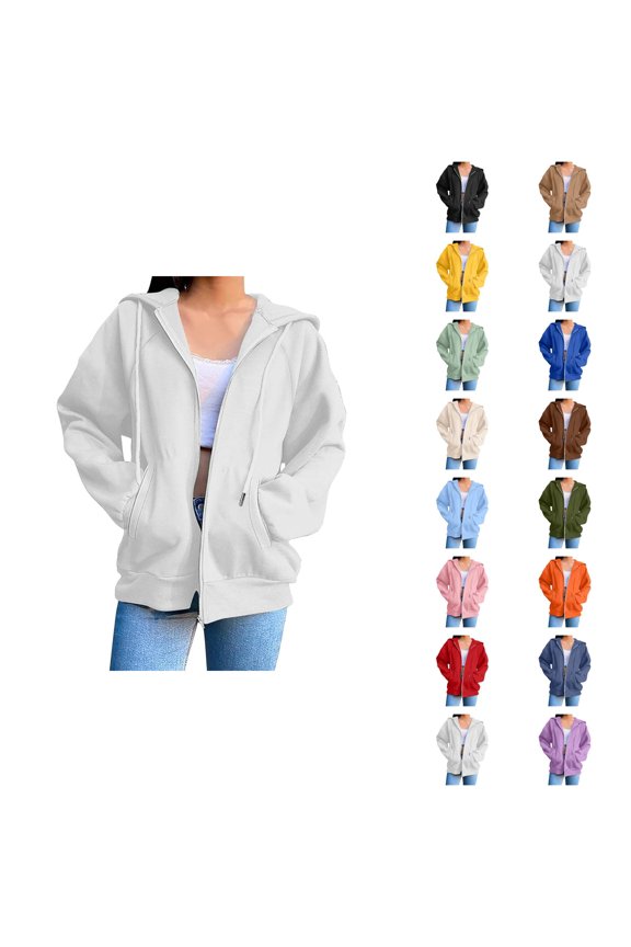 Plain Zip Up Hoodie for Women with Pockets Long Sleeve Casual Full Zipper Sweatshirt Jacket Outerwear