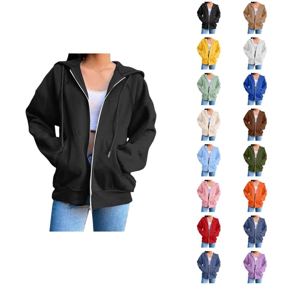 Plain Zip Up Hoodie for Women with Pockets Long Sleeve Casual Full Zipper Sweatshirt Jacket Outerwear