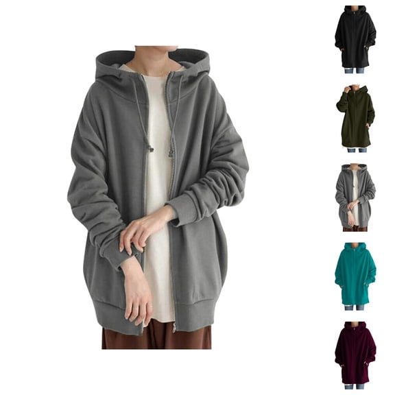 Plain Zip Up Hoodies for Women 2025 Fall Winter Long Sleeve Fleece Lined Hooded Sweatshirt Jacket Coat