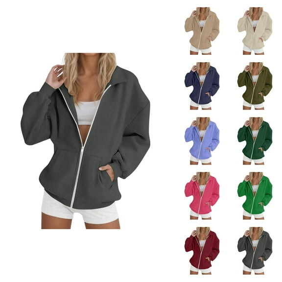 Plain Zip Up Hoodies for Women 2025 Long Sleeve Full Zipper Hooded Sweatshirt with Pockets Jacket Coat Outerwear