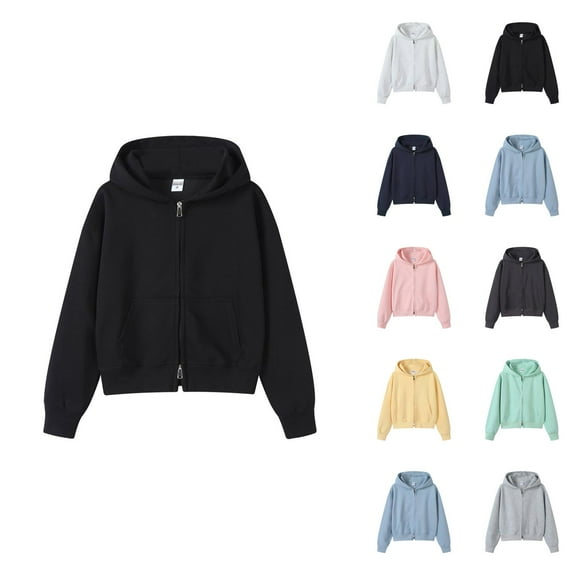 Plain Zip Up Hoodies for Women Fall Winter Long Sleeve Casual Crop Hooded Sweatshirt with Pockets Jacket Coat