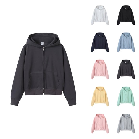 Plain Zip Up Hoodies for Women Fall Winter Long Sleeve Casual Crop Hooded Sweatshirt with Pockets Jacket Coat