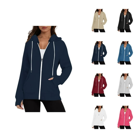 Plain Zip Up Hoodies for Women Long Sleeve Basic Hooded Sweatshirt with Pockets and Thumb Hole Hooded Jacket Outerwear