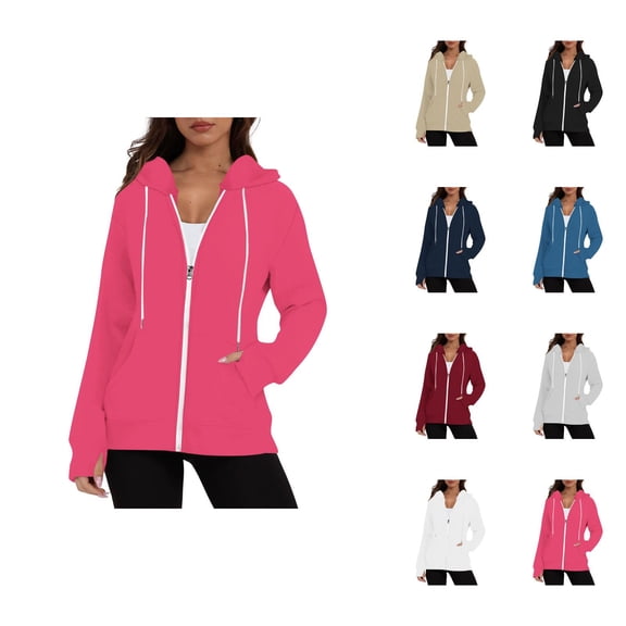 Plain Zip Up Hoodies for Women Long Sleeve Basic Hooded Sweatshirt with Pockets and Thumb Hole Hooded Jacket Outerwear