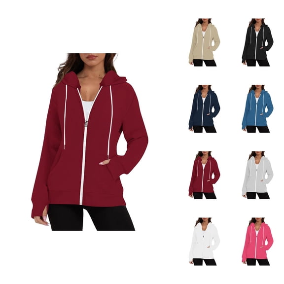 Plain Zip Up Hoodies for Women Long Sleeve Basic Hooded Sweatshirt with Pockets and Thumb Hole Hooded Jacket Outerwear