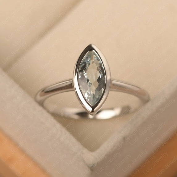 Plain band aquamarine promise ring, bezel set solitaire ring, March birthstone, unique birthday gifts
