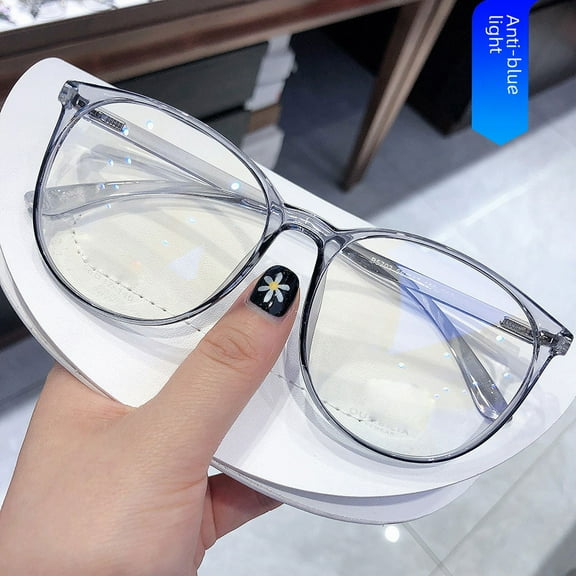 Plain fashion round glasses frame Women's anti blue light plain colored glasses-Bright Black