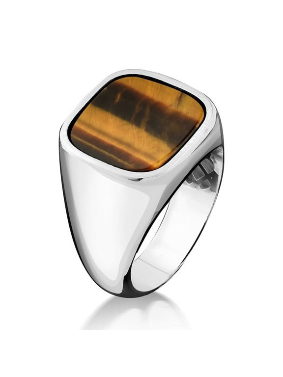Plain signet ring with tigers eye for men, Flat cushion cut tigers eye on top ring for sterling silver, Gemstone minimalist ring tigers eye