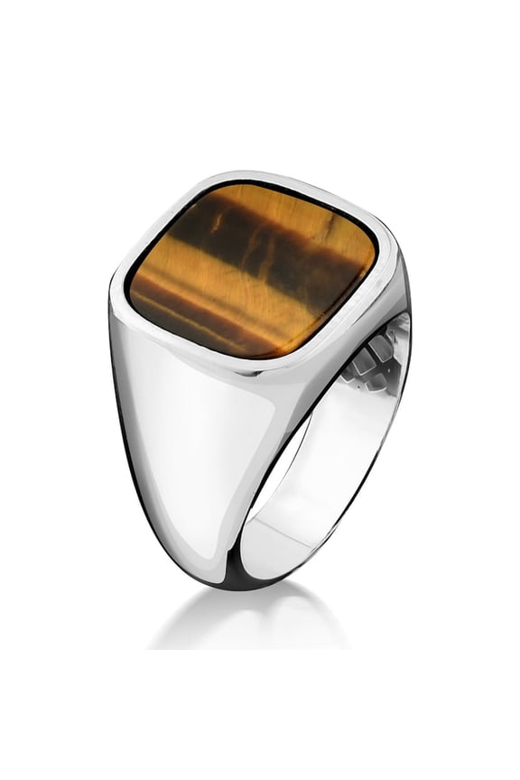 Plain signet ring with tigers eye for men, Flat cushion cut tigers eye on top ring for sterling silver, Gemstone minimalist ring tigers eye