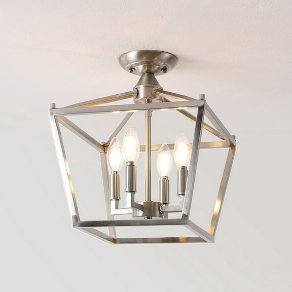 JONATHAN Y Plains Mini Lantern 12" 4-Light Iron Modern Farmhouse Pagoda LED Semi Flush Mount Lantern, Nickel, JYL7610D