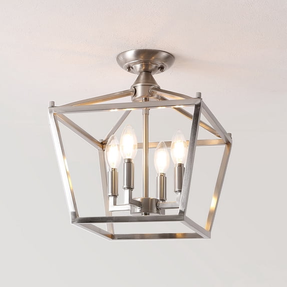 JONATHAN Y Plains Mini Lantern 12" 4-Light Iron Modern Farmhouse Pagoda LED Semi Flush Mount Lantern, Nickel, JYL7610D