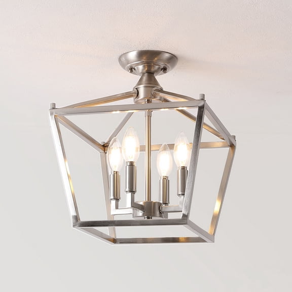 JONATHAN Y Plains Mini Lantern 12" 4-Light Iron Modern Farmhouse Pagoda LED Semi Flush Mount Lantern, Nickel, JYL7610D
