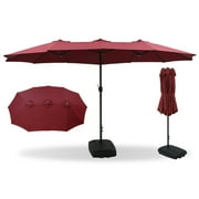 Plainsity 15 Foot Large Outdoor Patio Umbrella with Heavy Duty Rolling Base, Long Rectangular Double-Sided Umbrella for Sun Shade, Market, Table, Patio, Porch, Garden, Deck, Backyard, Pool (Burgundy)