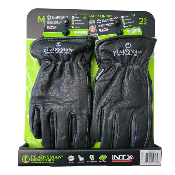 Plainsman Fleece-Lined Heavy Duty Cold Weather Cowhide Work Gloves, 2 Pair (Black, M)