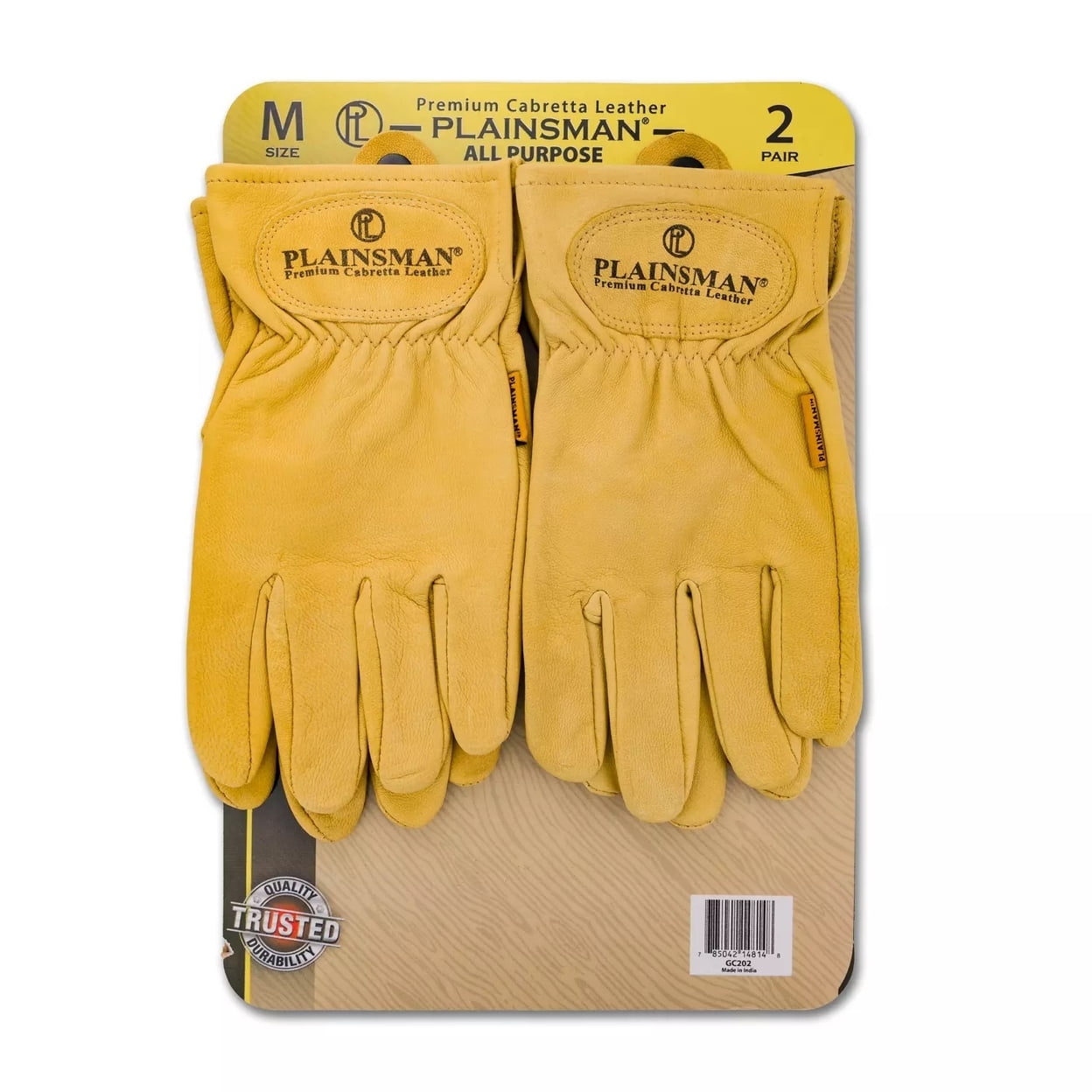 Plainsman Premium Cabretta Yellow Leather Gloves, 2 Pairs, Medium