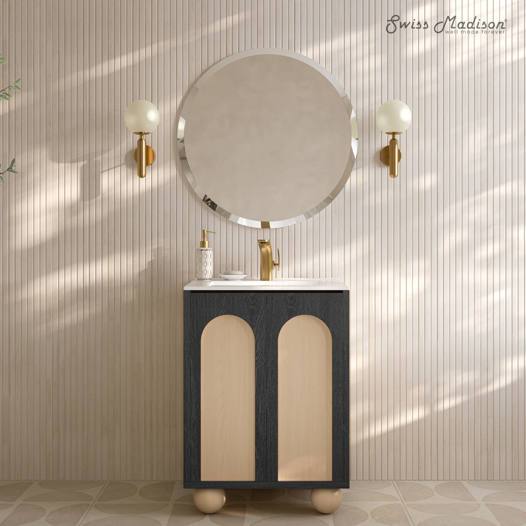 Plaisir II 24" Black Oak and Beige Freestanding Bathroom Vanity with White Ceramic Sink