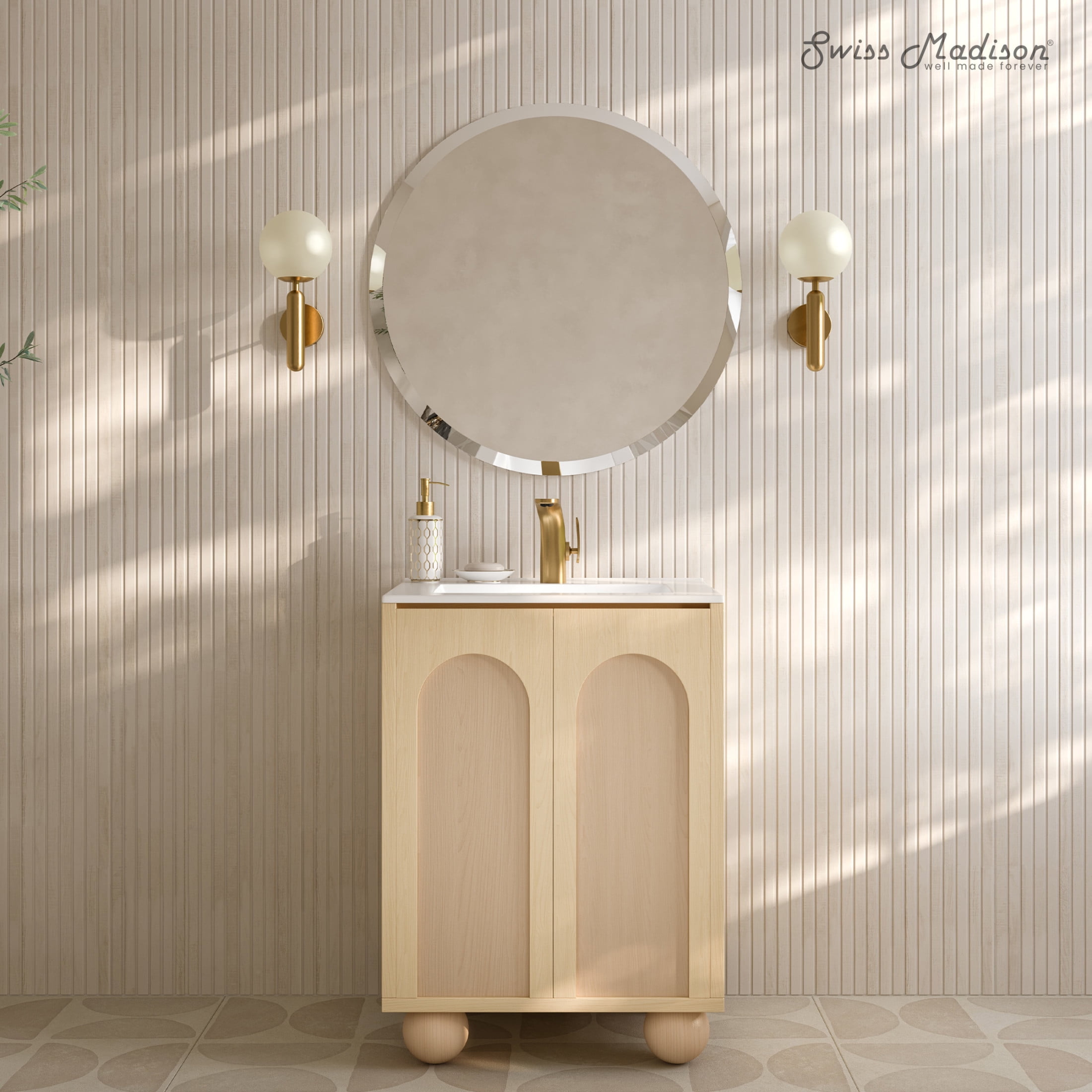 Plaisir II 24" Natural Oak Freestanding Bathroom Vanity with White Ceramic Sink Top