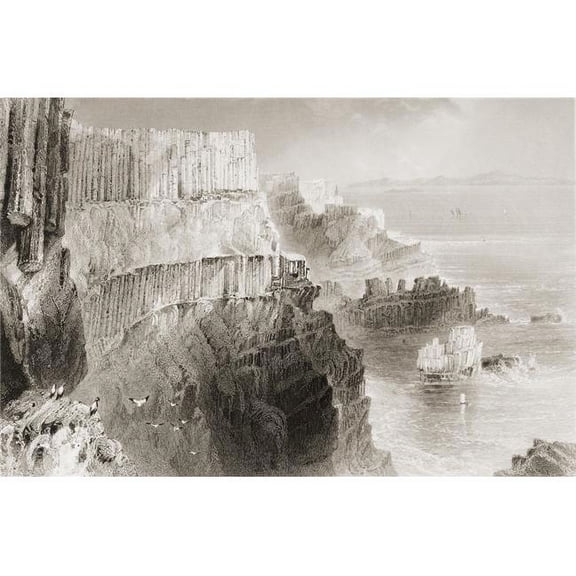 Plaiskin Cliff Near the Giants Causeway County Antrim Ireland Drawn by Whbartlett Engraved by Jc Bentley From Poster Print - 34 x 22