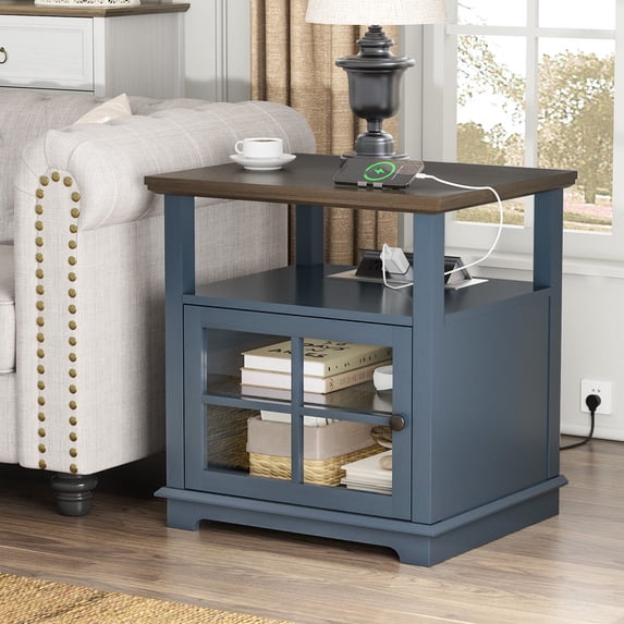 Plamle 24 Inch End Table with Charging Station, Nightstand with USB Ports & Outlets, Storage Side Table with Adjustable Shelf & Glass Door for Bedroom Living Room, Wood Finish
