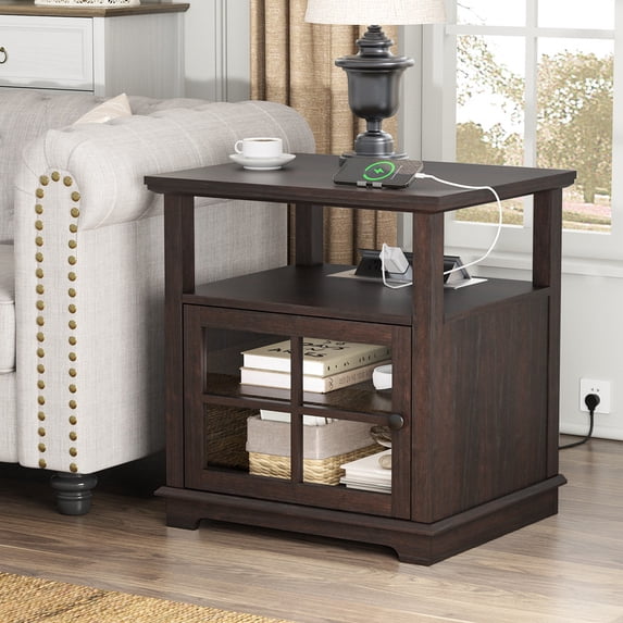 Plamle 24 Inch End Table with Charging Station, Nightstand with USB Ports & Outlets, Storage Side Table with Adjustable Shelf & Glass Door for Bedroom Living Room, Wood Finish