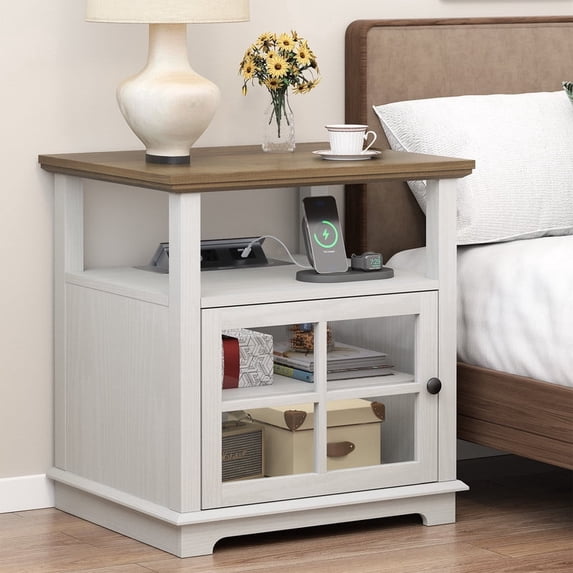 Plamle 24 Inch End Table with Charging Station, Nightstand with USB Ports & Outlets, Storage Side Table with Adjustable Shelf & Glass Door for Bedroom Living Room, Wood Finish