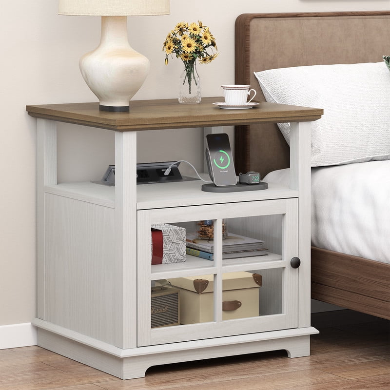 Plamle 24 Inch End Table with Charging Station, Nightstand with USB Ports & Outlets, Storage Side Table with Adjustable Shelf & Glass Door for Bedroom Living Room, Wood Finish