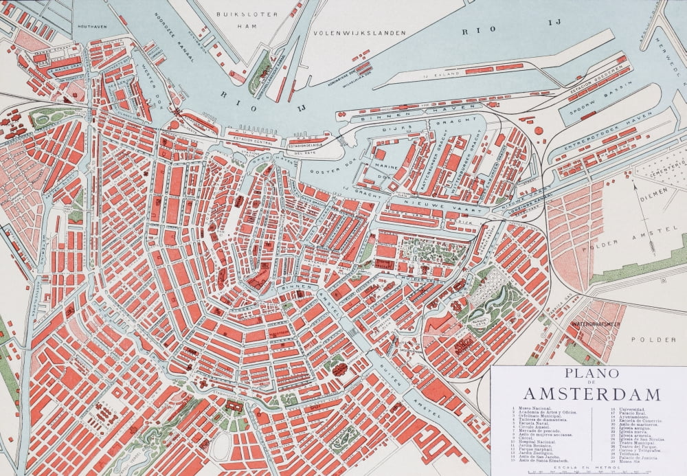 Plan Of Amsterdam Holland At The Turn Of The 20Th Century Map Is Edited In Spanish Language From Enciclopedia Ilustrada Segu Canvas Art - Ken Welsh Design Pics (18 x 12)