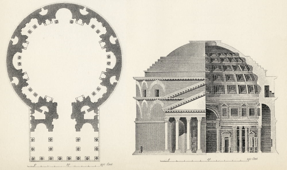 Plan And Elevation Of The Pantheon In Rome From The National Encyclopaedia Published By William Mackenzie London Late 19Th Century Canvas Art - Ken Welsh Design Pics (18 x 11)