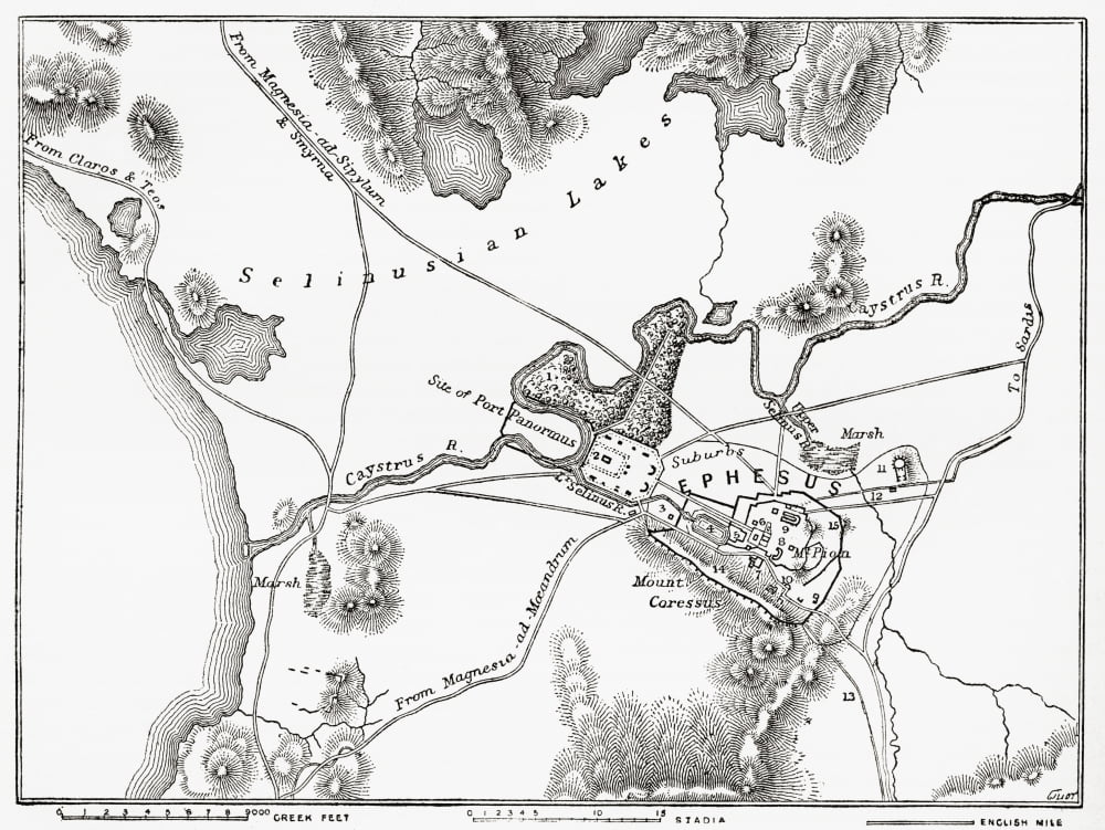 Plan of Ephesus the ancient Greek city and its environs the sites as named by Edward Falkener c 1842 From The Imperial Bible Dictionary published 1889 Canvas Art - Ken Welsh  Design Pics (16 x 12)