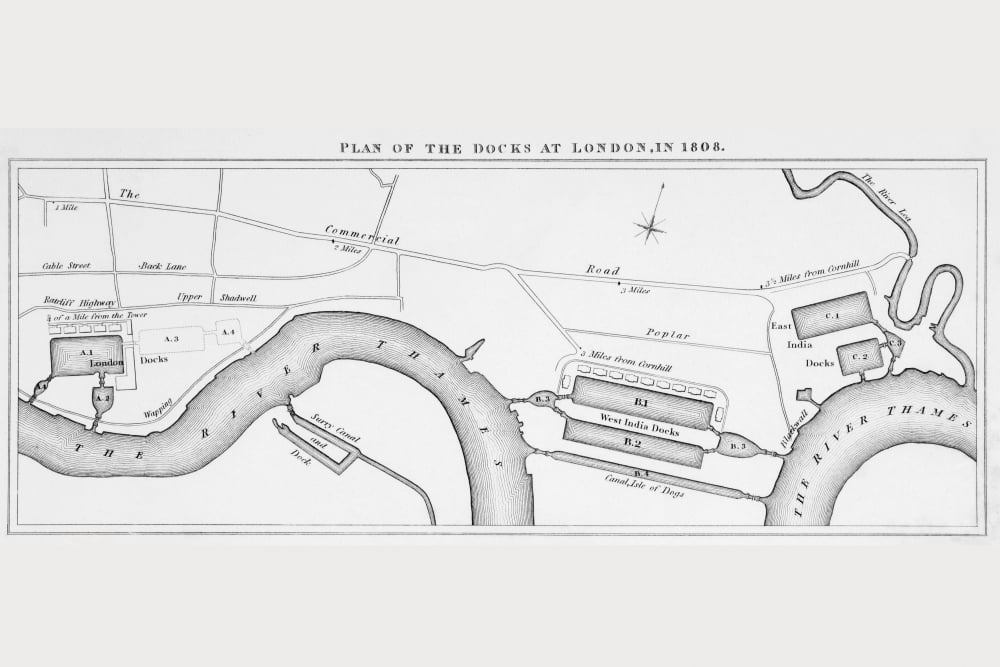 Plan Of London Docks As They Were In 1808 From The Cyclopaedia Or Universal Dictionary Of Arts Sciences And Literature By Abraham Rees Published London 1820 Canvas Art - Ken Welsh Design Pics (38 x 2