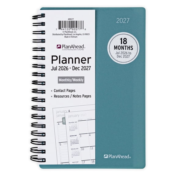 PlanAhead Monthly Weekly Planner, 4" x 6.25", 18 Month (Jul 2026 - Dec 2027), Small, Teal