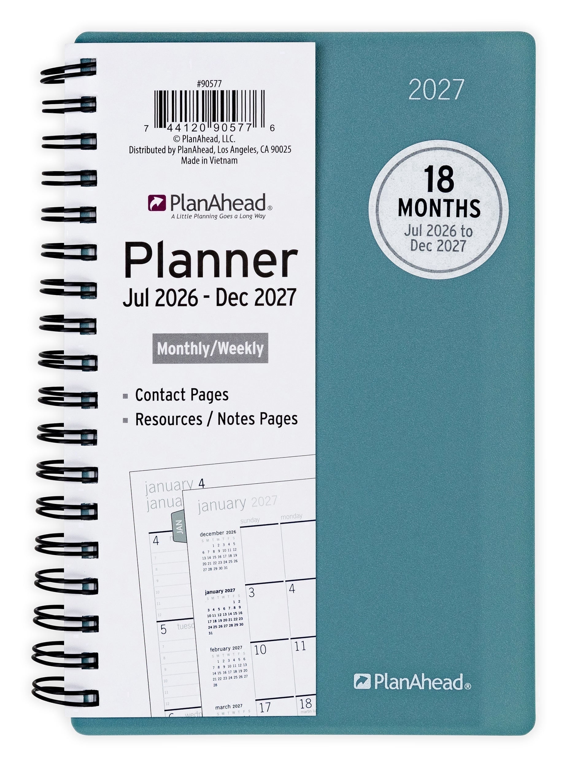 PlanAhead Monthly/Weekly Planner, Small 4" x 6.25", 18 Month (Jul 2026 - Dec 2027), Teal