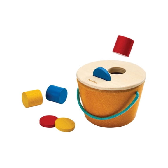 PlanToys Drop & Fit Bucket | Wooden Shape Matching Toy for Babies 5M+ | Montessori Educational Sorting Toy with 6 Blocks | Develops Hand-Eye Coordination, Shape Sorter & Problem-Solving Skills