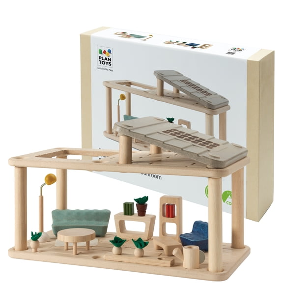 PlanToys® Wooden Dollhouse Gathering Room with Sunroom | Living Room Furniture Set with Sofa, Garden, Lamp & Accessories | Open Ended Role Play Space for Dollhouse Expansion