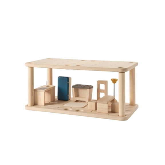 PlanToys Wooden Dollhouse Kitchen and Dining Room Set | Fridge, Oven, Sink, Table & Chairs Furniture Set | Open Ended Role Play Room for Dollhouse Expansion