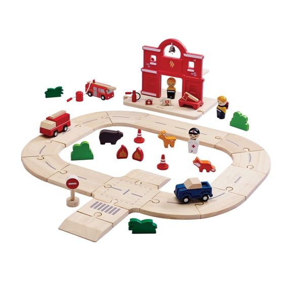 PlanToys Wooden Fire & Rescue Roadway Playset | Montessori Building Activity for Emergency Routes, Rescue Missions & Imaginative Role Play | Eco Friendly Toy for Problem Solving & Motor Skills