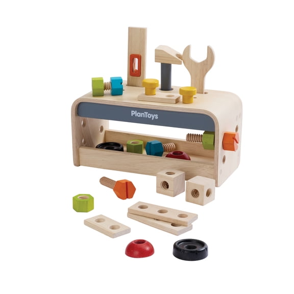 PlanToys Wooden Little Tool Bench | Montessori Construction Activity for Building, Problem Solving & Fine Motor Development | Eco Friendly Wooden STEM Learning Toy