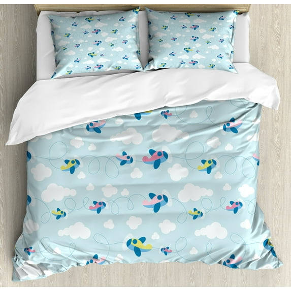 Plane Duvet Cover Set, Cartoon Style Sky with Airplanes and Clouds Swirls Scrapbook Design Pattern, Decorative 3 Piece Bedding Set with 2 Pillow Shams, Queen Size, Pale Blue White Pink, by Ambesonne
