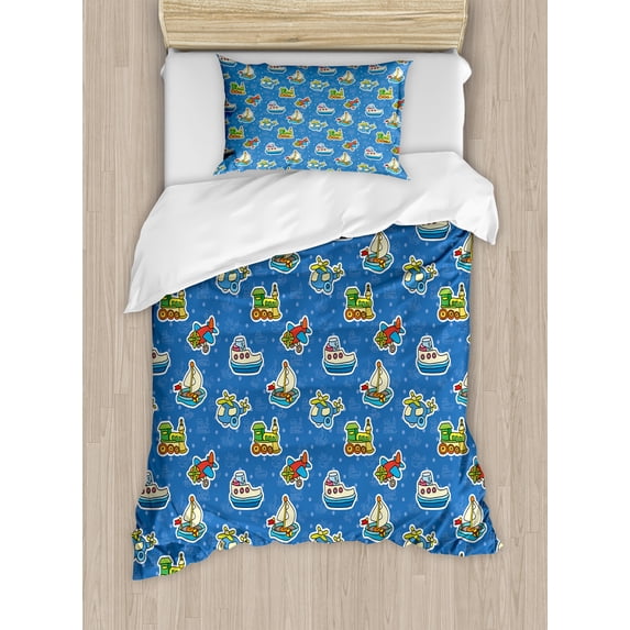 Plane Duvet Cover Set, Pattern Train Sail Boat Airplane Playroom Art Design, Decorative 2 Piece Bedding Set with 1 Pillow Shams, Twin Size, Violet Blue Yellow, by Ambesonne