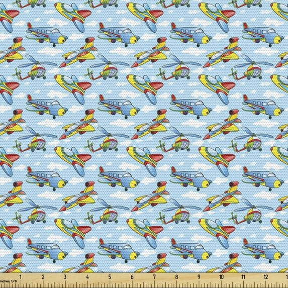 Ambesonne Plane Fabric by the Yard Upholstery, Planes and Helicopters, 3 Yards, Yellow and Blue