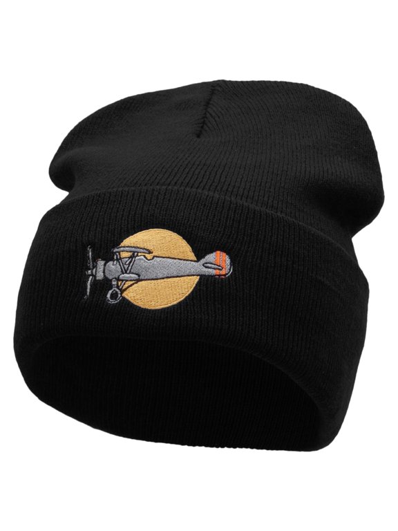Plane Flight Embroidered 12 Inch Long Knitted Beanie - Black OSFM