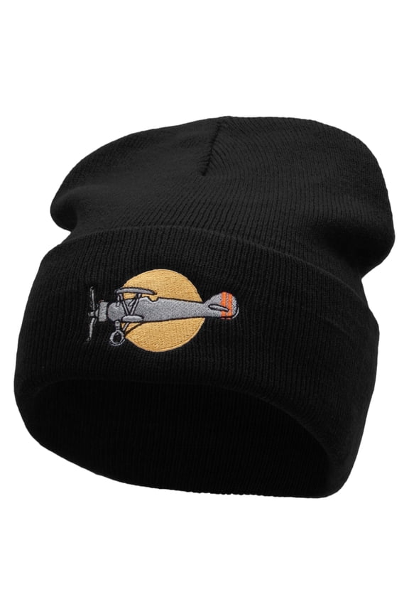 Plane Flight Embroidered 12 Inch Long Knitted Beanie - Black OSFM