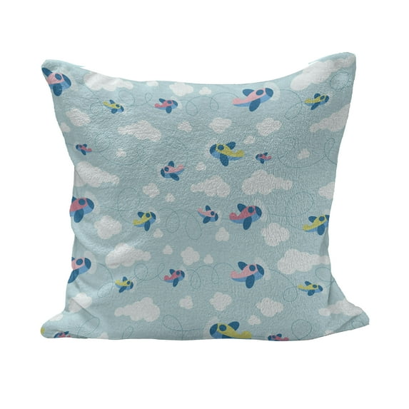Plane Fluffy Throw Pillow Cushion Cover, Cartoon Style Sky with Airplanes and Clouds Swirls Scrapbook Design Pattern, Rectangle Accent Pillow Case, 36" x 16", Pale Blue White Pink, by Ambesonne