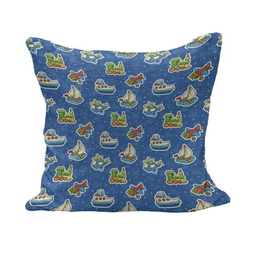 Plane Fluffy Throw Pillow Cushion Cover, Toys Pattern Train Sail Boat Airplane Playroom Art Design, Rectangle Accent Pillow Case, 36" x 16", Violet Blue Yellow, by Ambesonne