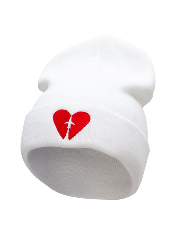Plane Heart Embroidered 12 Inch Long Knitted Beanie - White OSFM